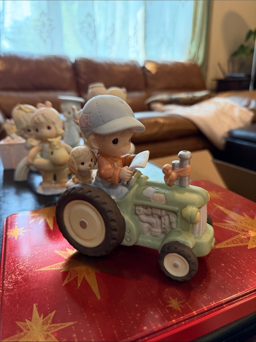 Green Tractor Toy Figurine with Child and Dog